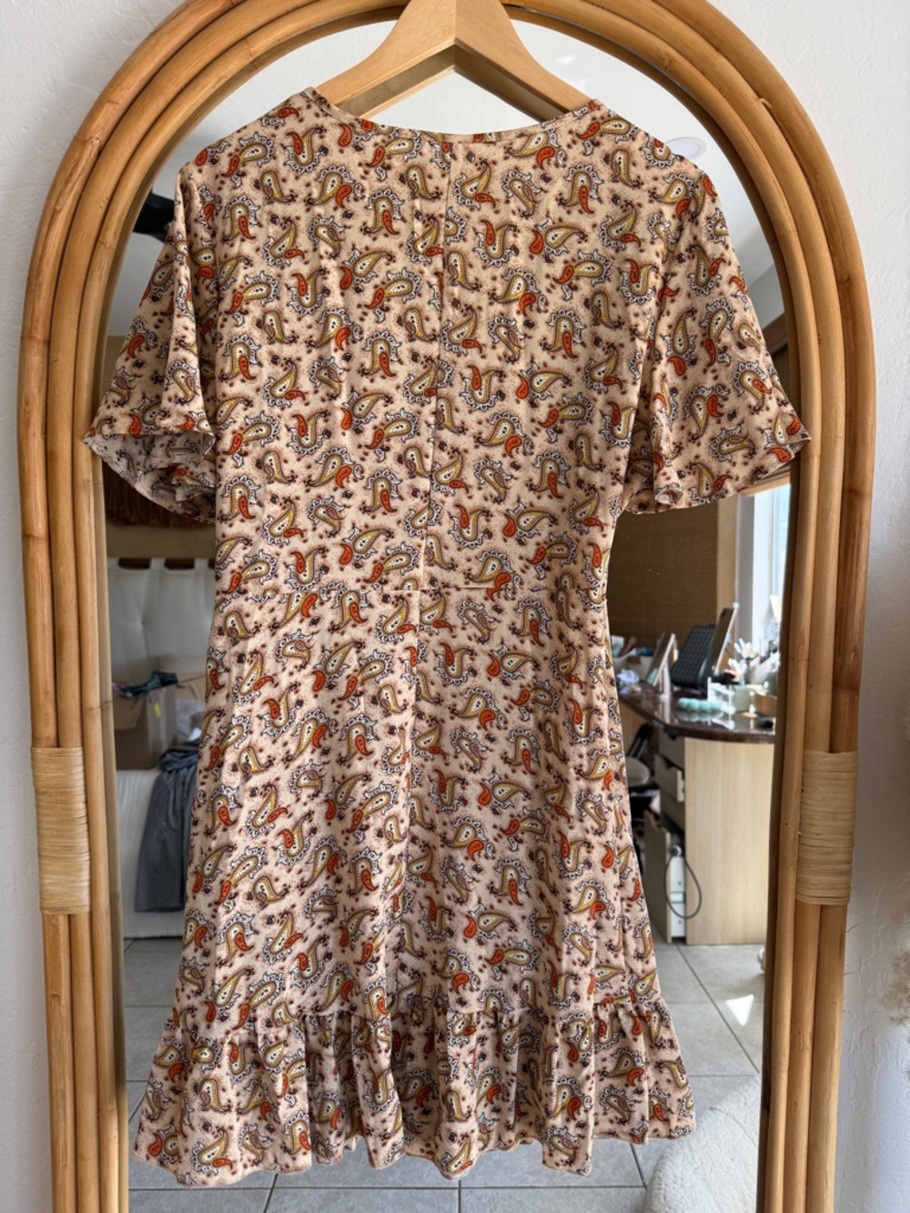 Beige Paisley Wrap Dress with Ruffle Hem - Picture 4 of 4